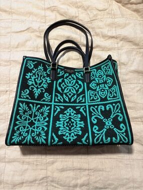 NWOT- My-Best Bag Firenze Embroidered Black and Teal Tote Bag with Top Handles